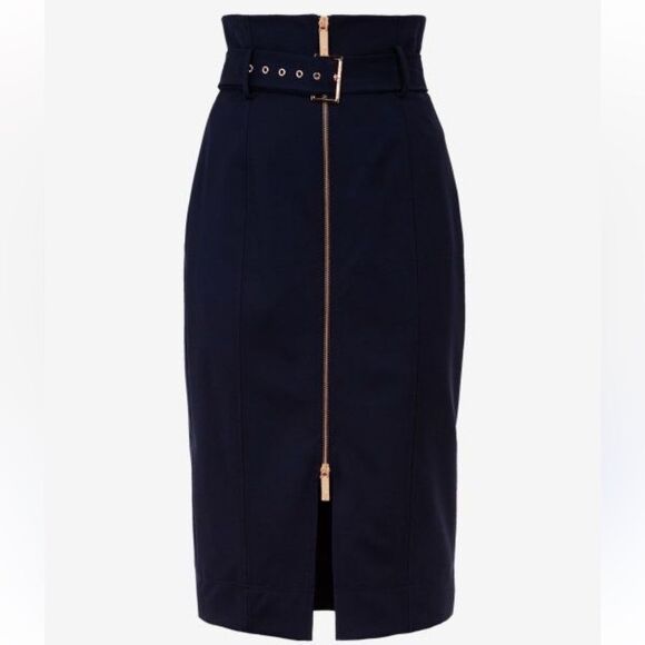 Ted Baker XL (5) Black Kaara Midi Front Zip High Waist Belted Pencil Skirt - Picture 1 of 16